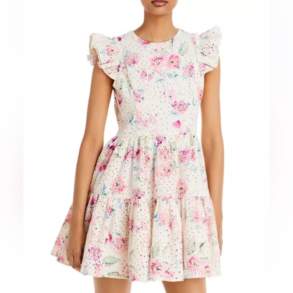 Aqua Eyelet Floral Tiered Mini Dress Ruffle Sleeves Demure Romantic SZ L EUC - Picture 1 of 10